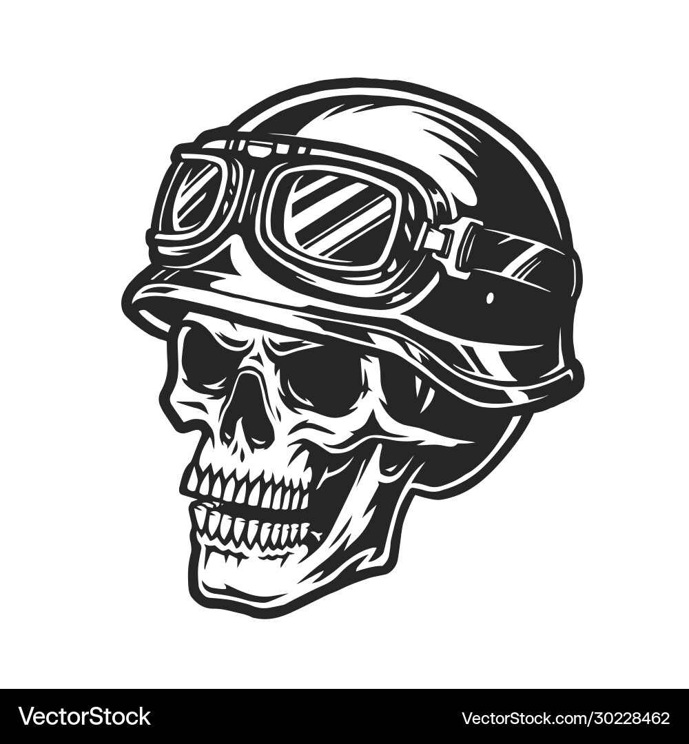 Spooky skull in motorcycle helmet and goggles vector image