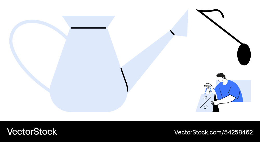 Watering can with spout and man adding drops Watering can with spout and man adding drops Vector Image