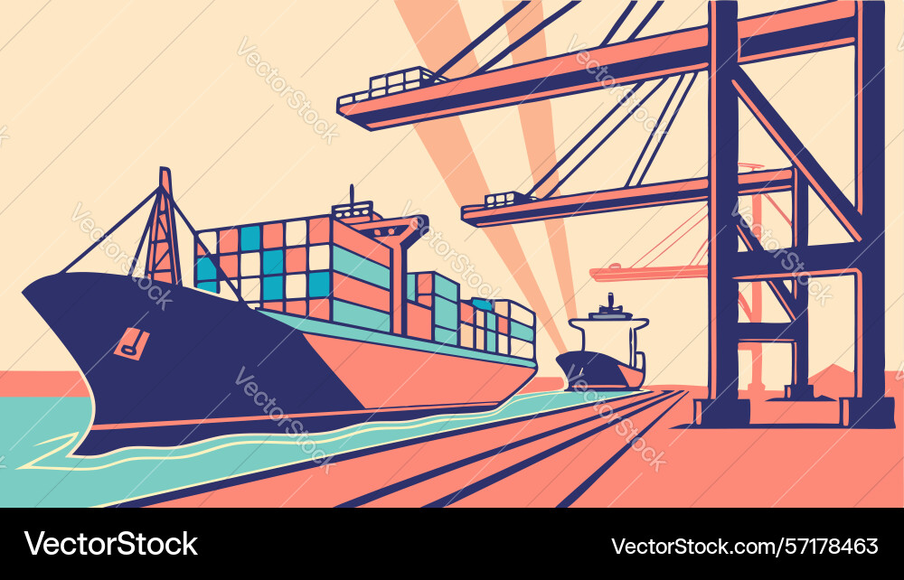 Port operations loading and unloading cargo ship Port operations loading and unloading cargo ship vector image