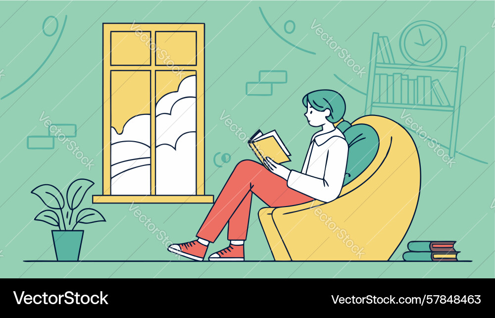 Tranquil reading session by a bright window Vector Image