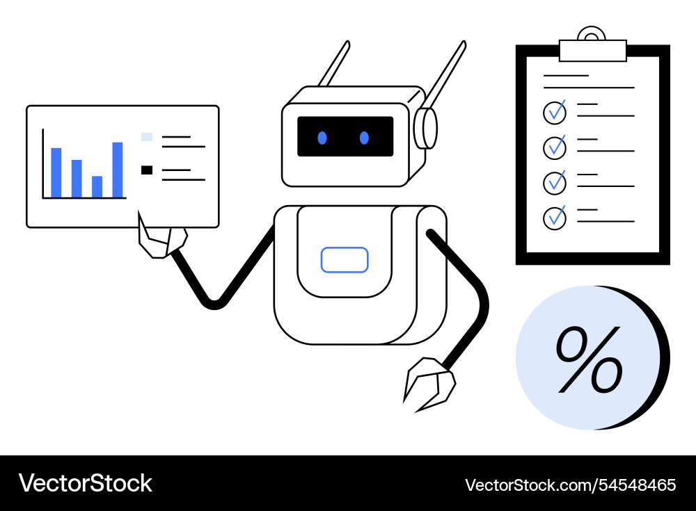 Robot analyzing data on a screen with checklist Robot analyzing data on a screen with checklist vector image