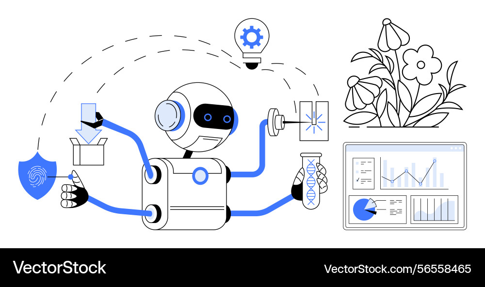 Robot conducting research and analysis on nature Robot conducting research and analysis on nature vector image