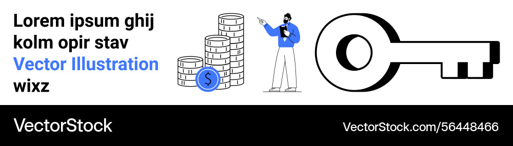 Man analyzing coin stacks next to a large key Man analyzing coin stacks next to a large key vector image