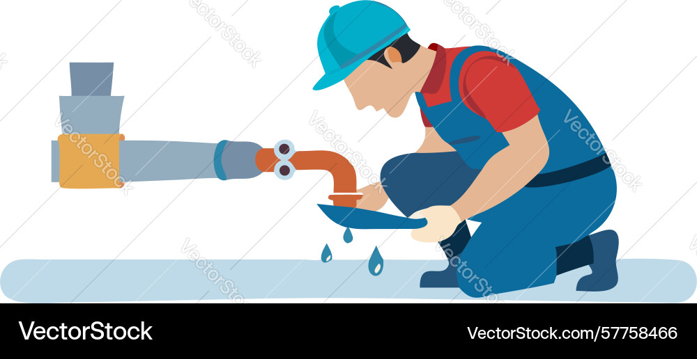 Plumber examining a pipe system for leak Vector Image