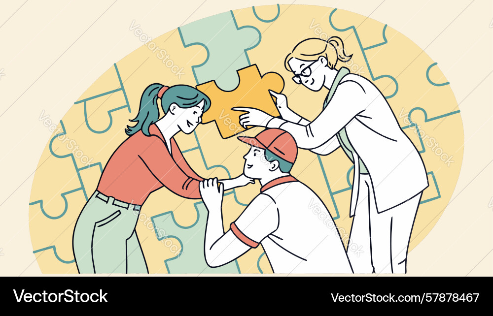 Group collaborating to assemble large puzzle Vector Image