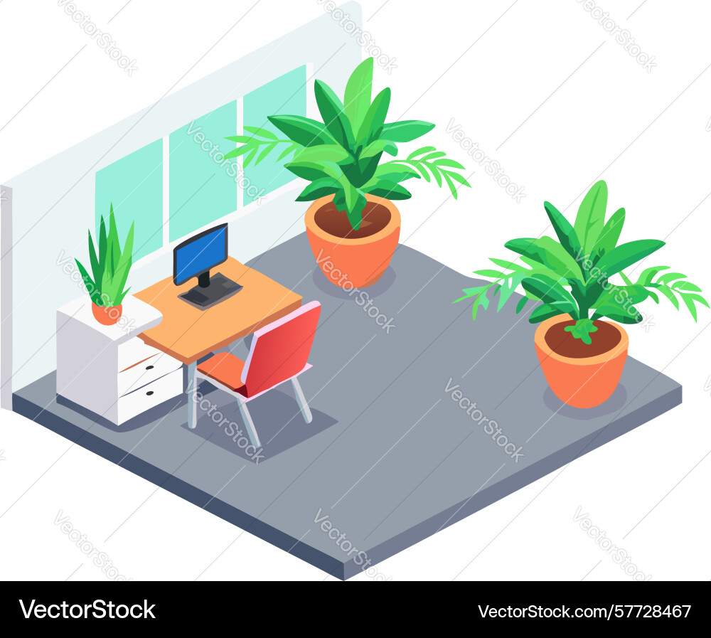 Isometric desk setup with computer and green vector image