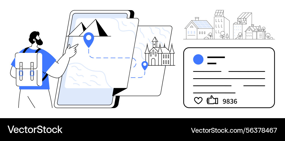 Traveler exploring digital map with route markers Traveler exploring digital map with route markers vector image
