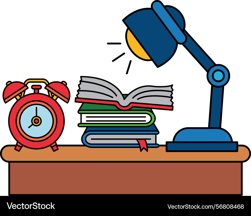 A desk with clock lamp and stack of books Vector Image