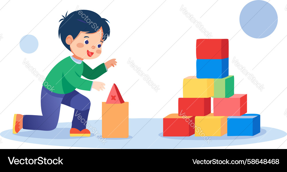 Child Building a Colorful Block Tower Vector Image