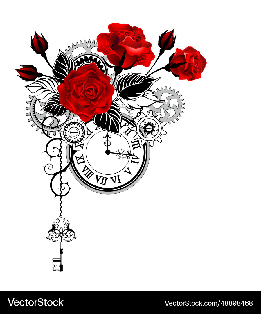 Design with red roses and clock Design with red roses and clock Vector Image
