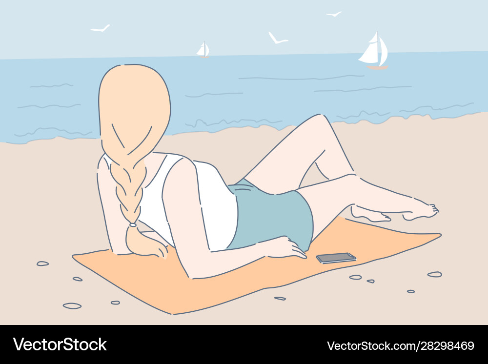 Seaside Relaxation - Woman Sunbathing Vector Image