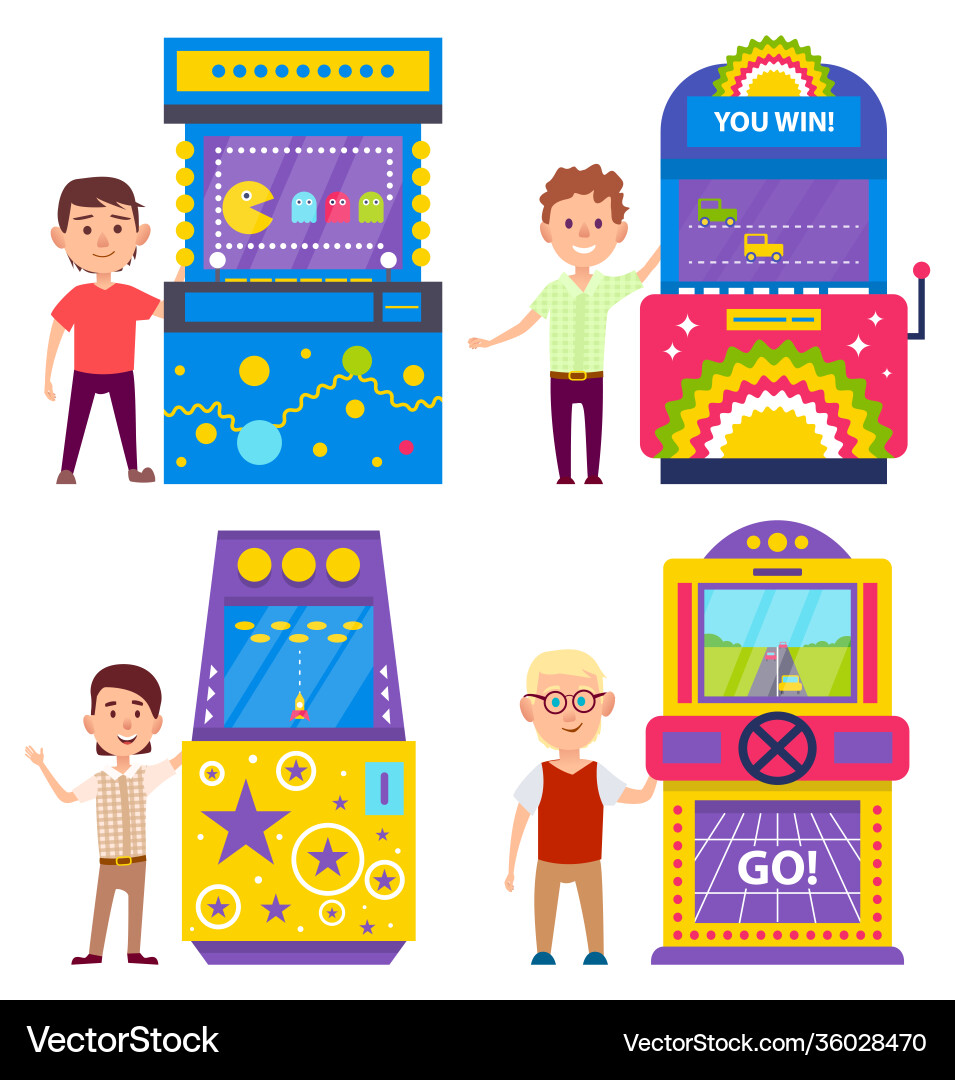 Guys playing different arcade game machines Vector Image