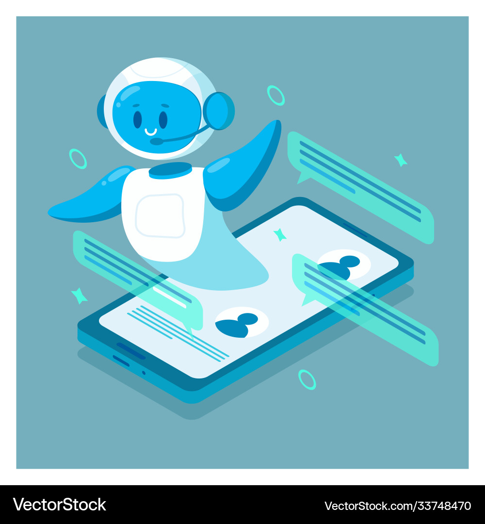 Smiling chat bot character robot helping solve Smiling chat bot character robot helping solve vector image