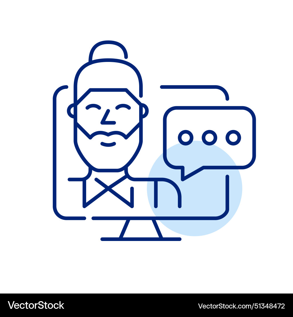 Bearded man with bun computer monitor and speech Bearded man with bun computer monitor and speech vector image
