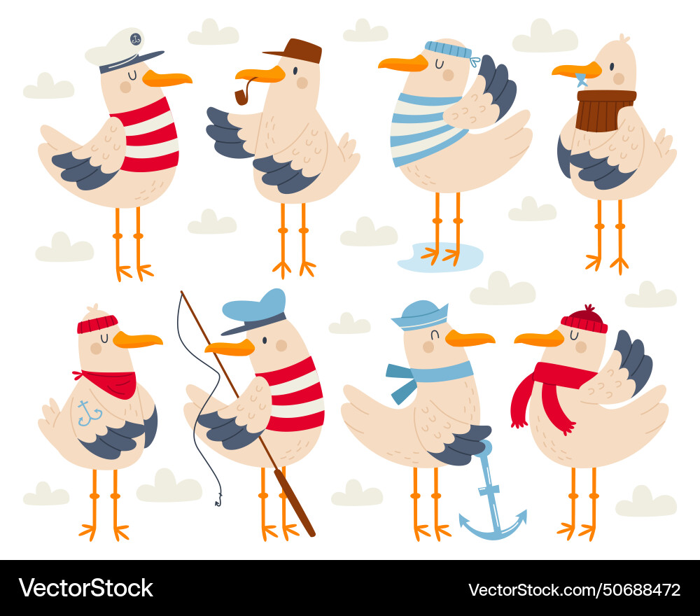 Cute seagull sailor captains wearing different Cute seagull sailor captains wearing different vector image