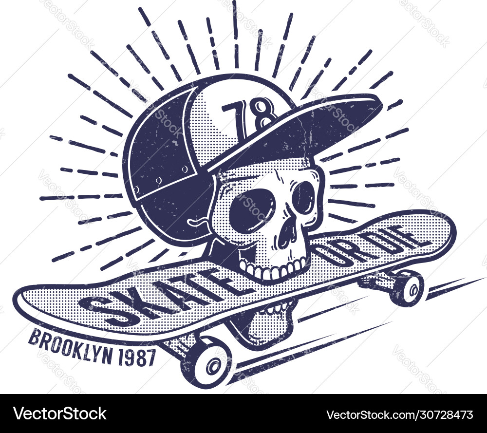 Skull in baseball cap keeps skateboard his Skull in baseball cap keeps skateboard his vector image