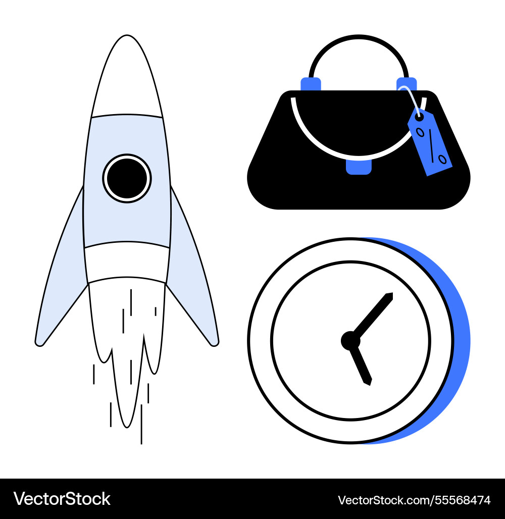 Rocket launch handbag with tags and clock Rocket launch handbag with tags and clock Vector Image