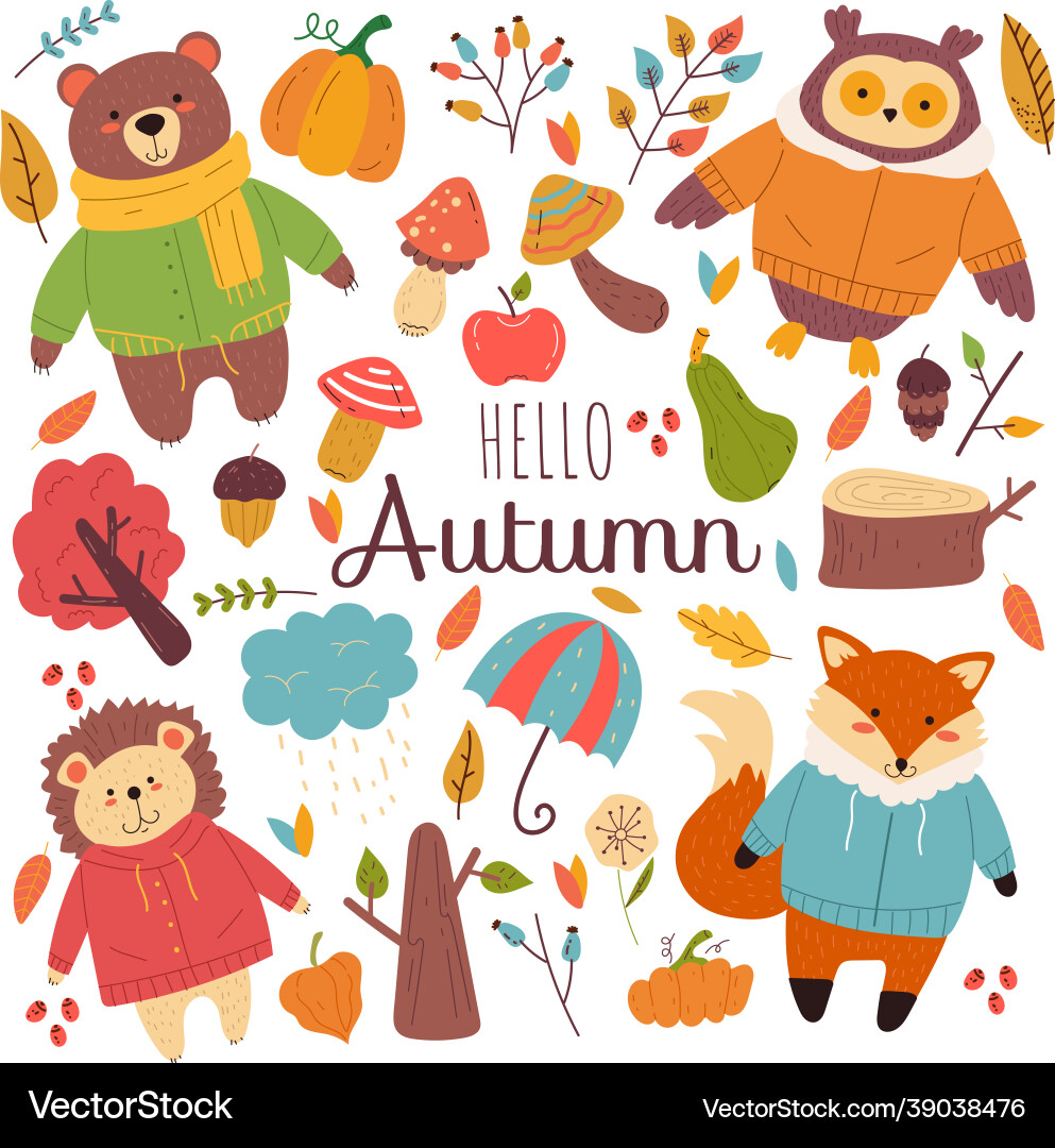 Autumn Woodland Animals Doodle Vector Image
