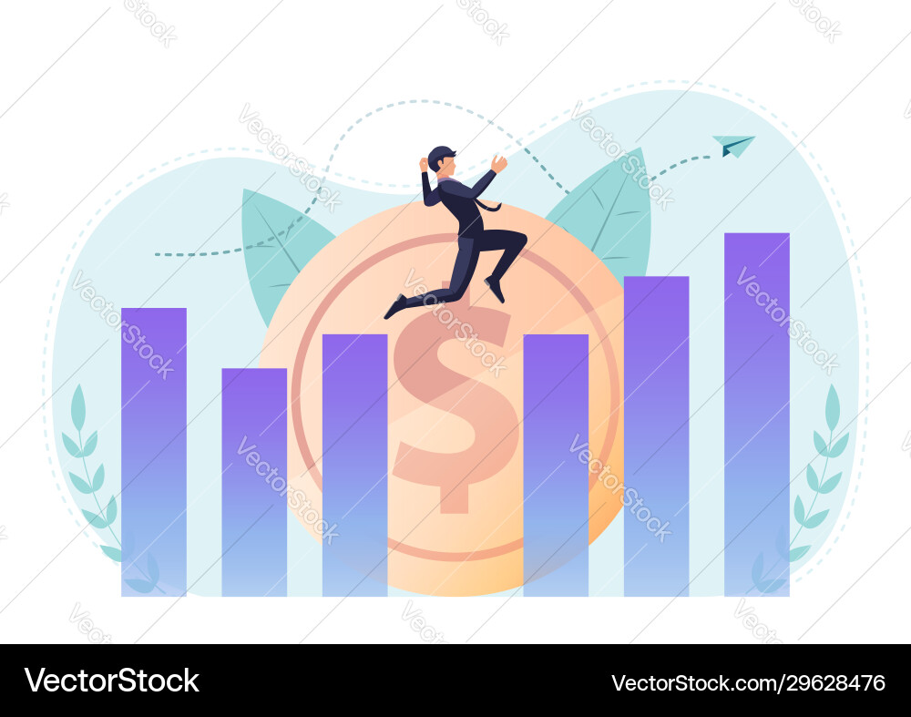 Isometric businessman jumping across gap between Isometric businessman jumping across gap between vector image