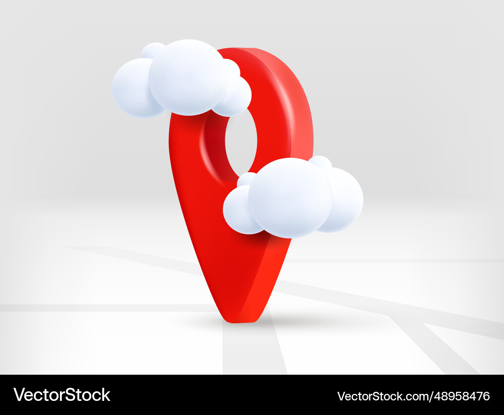 Red Navigation Pin with Road Map & Clouds vector image
