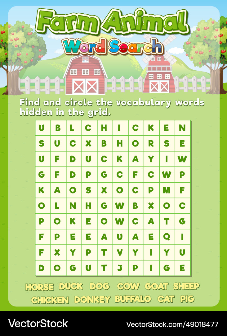 Farm Animal Word Search Puzzle Game Vector Image