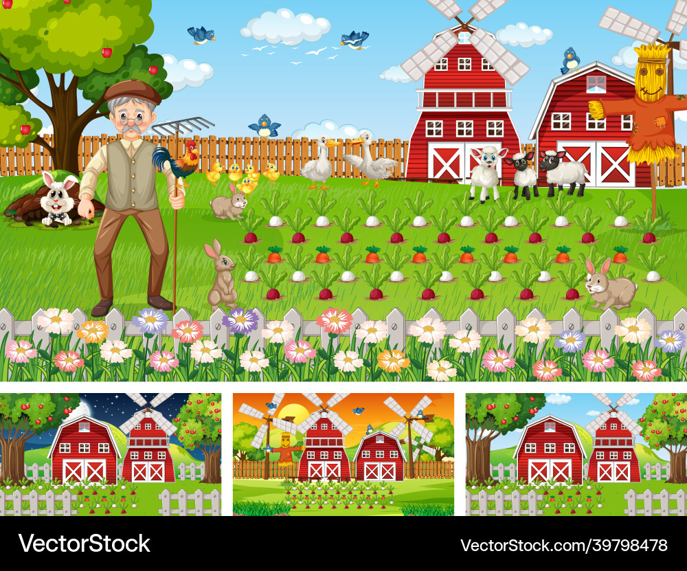 Different farm scenes with old farmer man cartoon Different farm scenes with old farmer man cartoon vector image