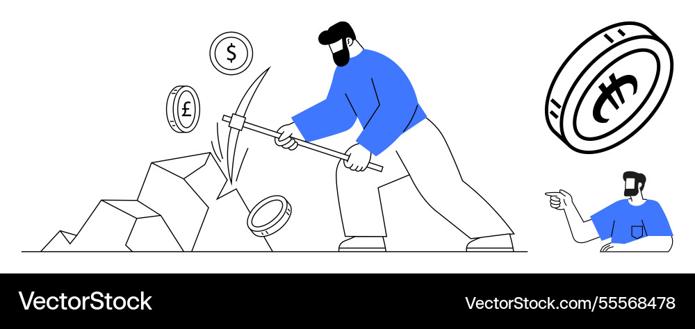 Man mining cryptocurrency coins with pickaxe vector image
