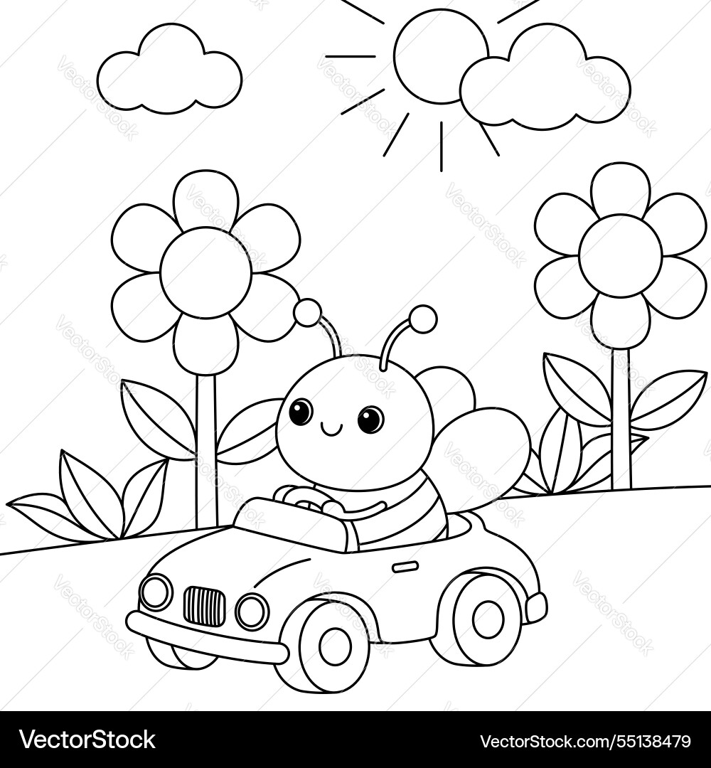 Cute kawaii cartoon character bee driving car Cute kawaii cartoon character bee driving car vector image