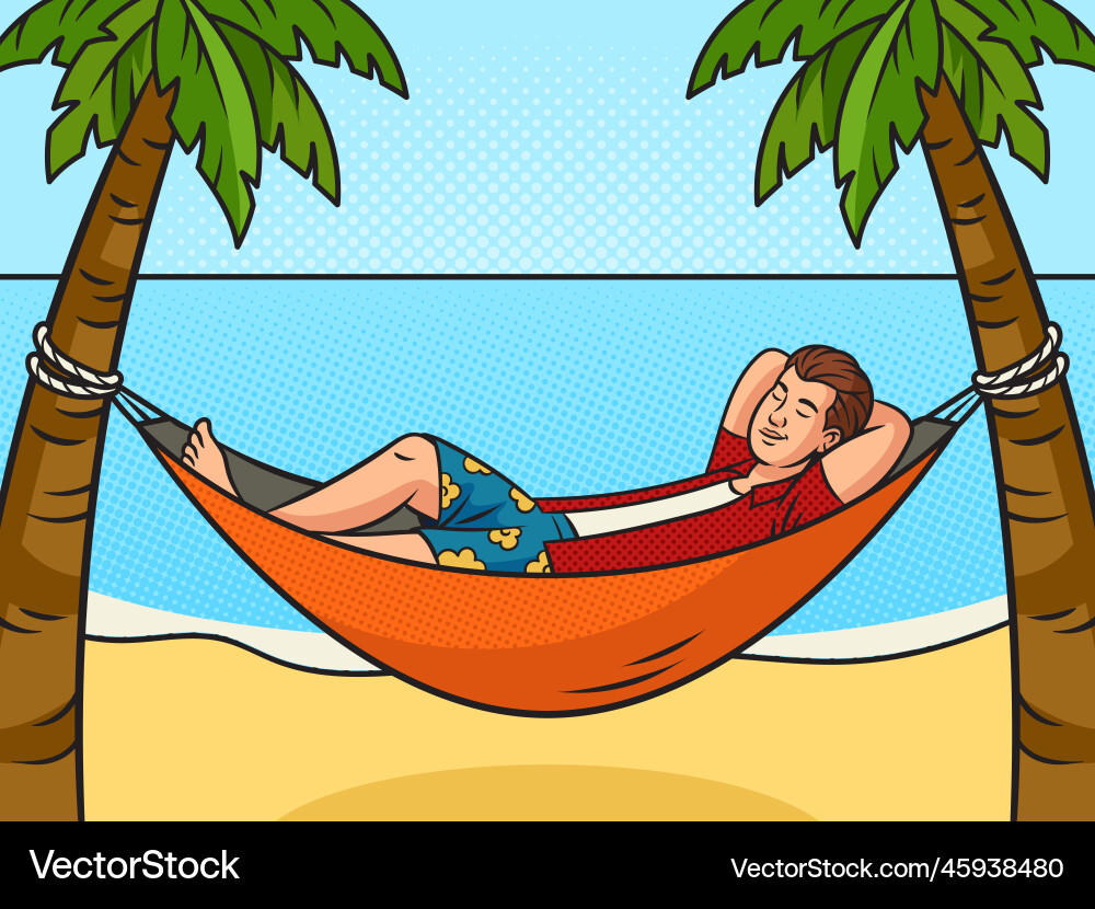 Guy in hammock between palm trees pop art Guy in hammock between palm trees pop art Vector Image