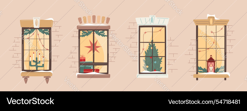 Set of christmas window decorated with lights fir Set of christmas window decorated with lights fir vector image