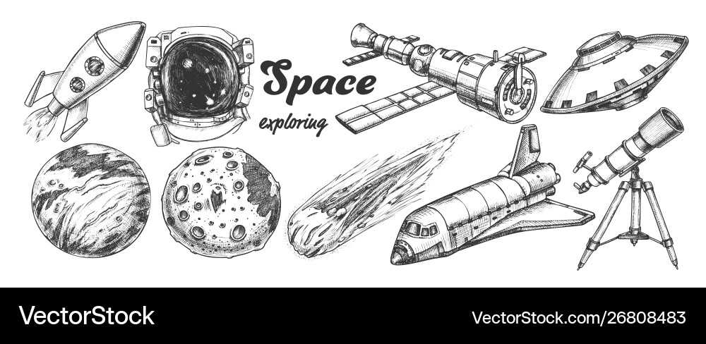 Collection of space exploring elements set Vector Image
