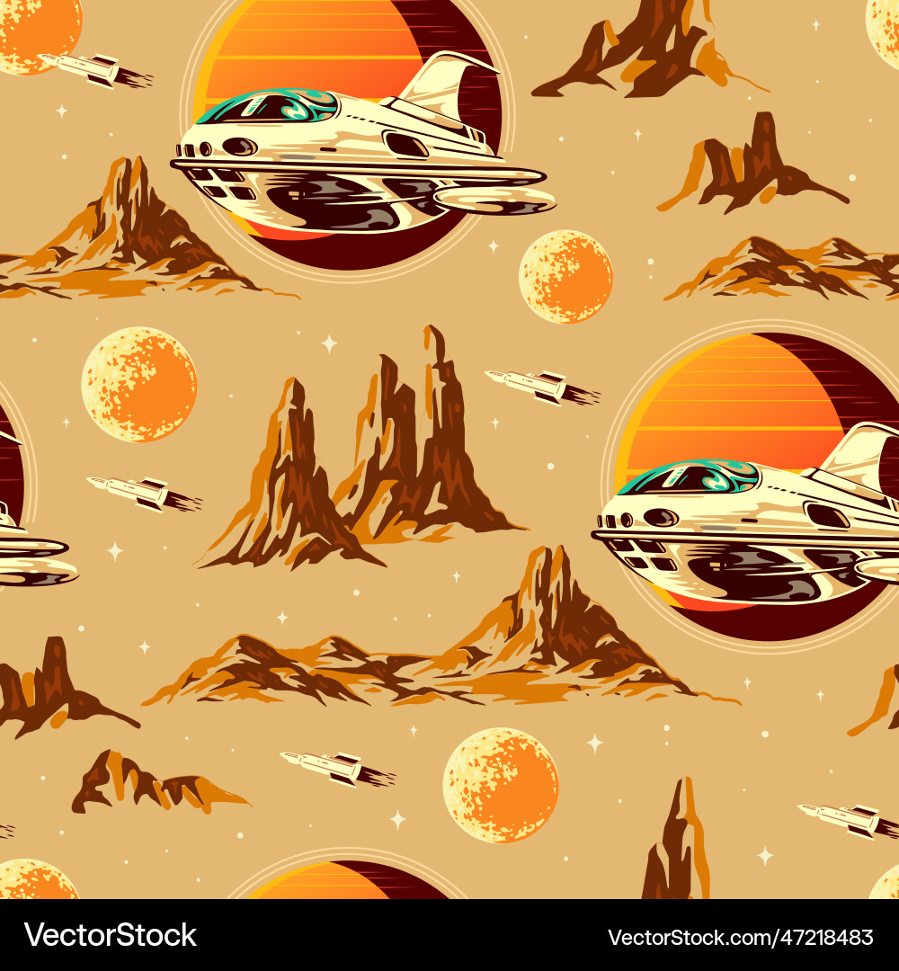 Flying spaceships colorful pattern seamless Flying spaceships colorful pattern seamless vector image
