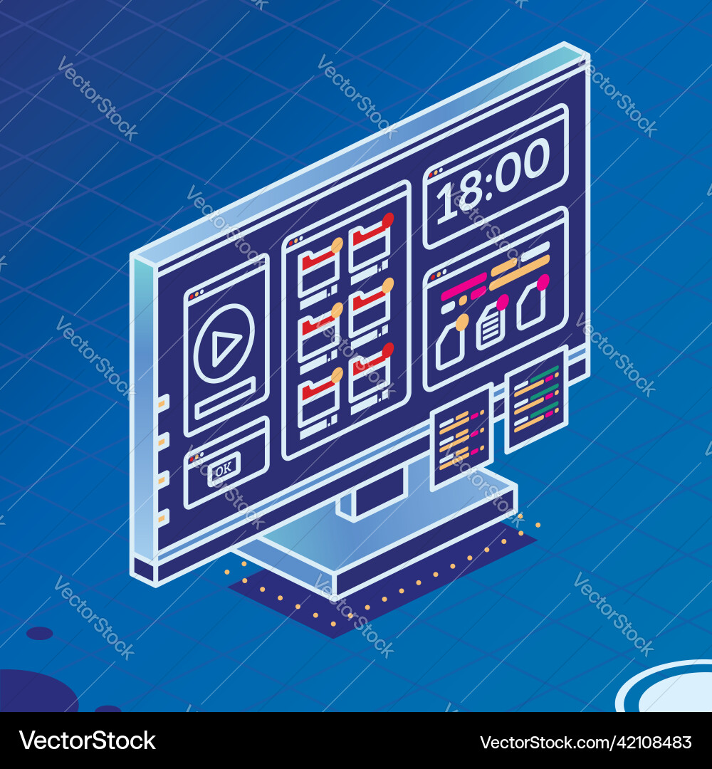 Isometric pc computer monoblock with media player Isometric pc computer monoblock with media player vector image