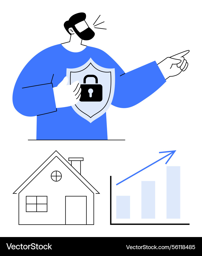 Man emphasizing security with shield lock home Man emphasizing security with shield lock home vector image