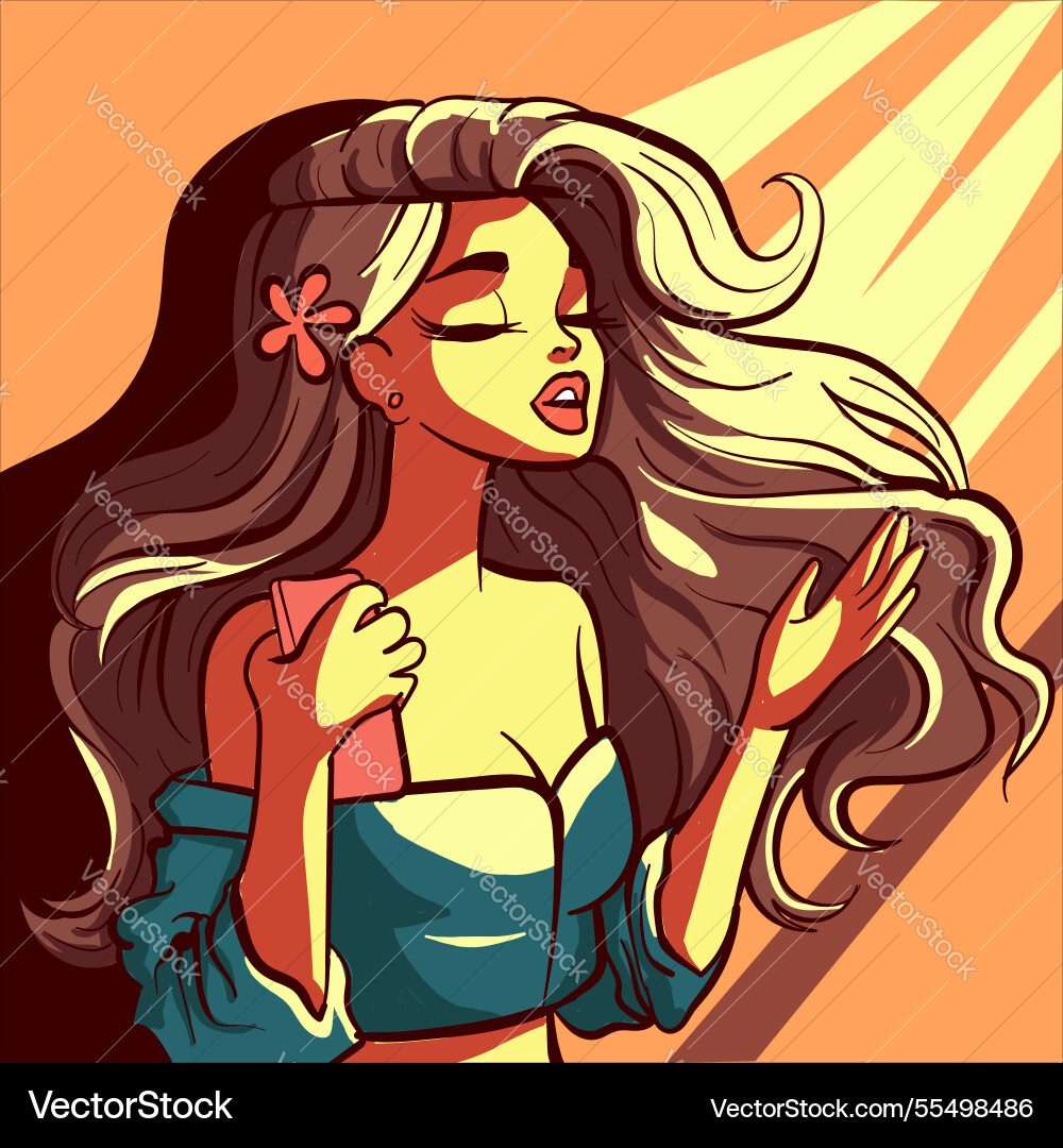 Cartoon woman holding her phone at golden hour Cartoon woman holding her phone at golden hour vector image