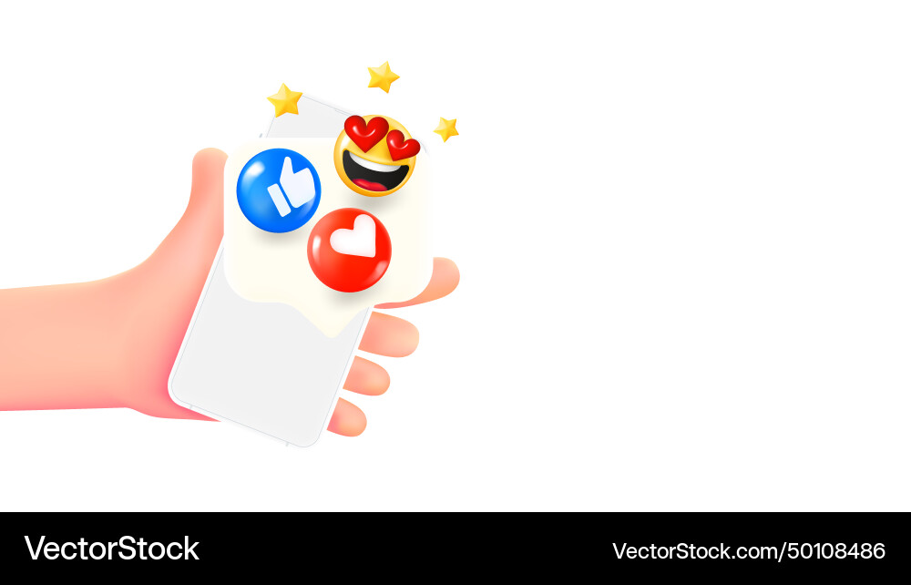 Mann halten Smartphone mit emojis 3d Banner Mann halten Smartphone mit emojis 3d Banner vektorbild