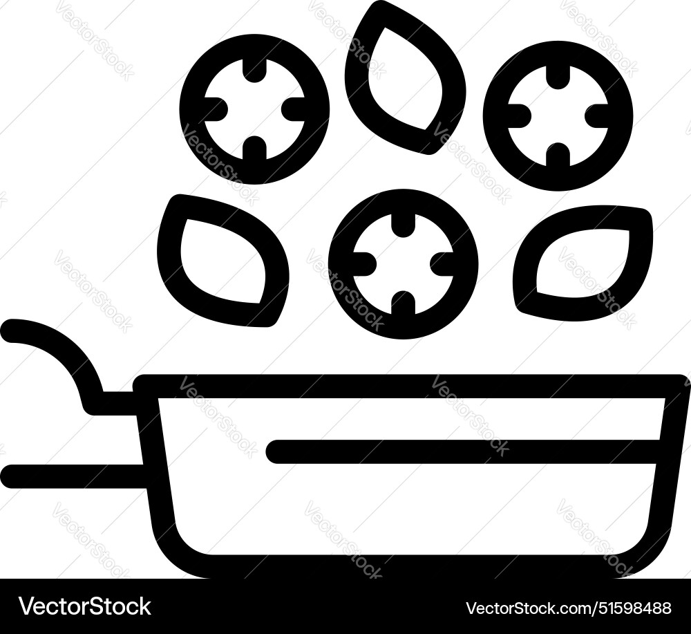 Chef adding sliced vegetables to frying pan line Chef adding sliced vegetables to frying pan line vector image