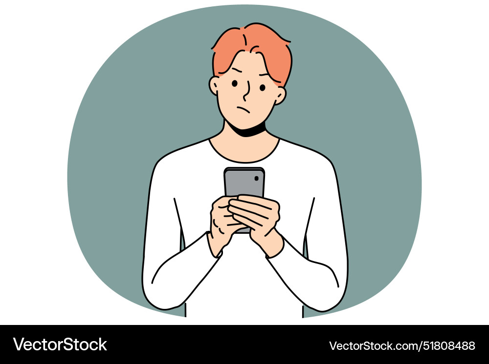 Pensive man with phone received warning text Pensive man with phone received warning text vector image