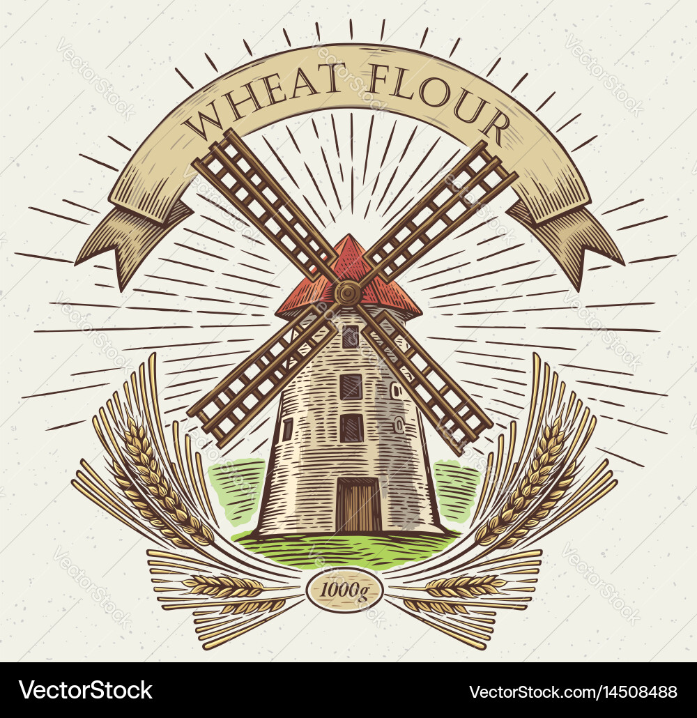 Windmill with wheat and tape as a design element Vector Image