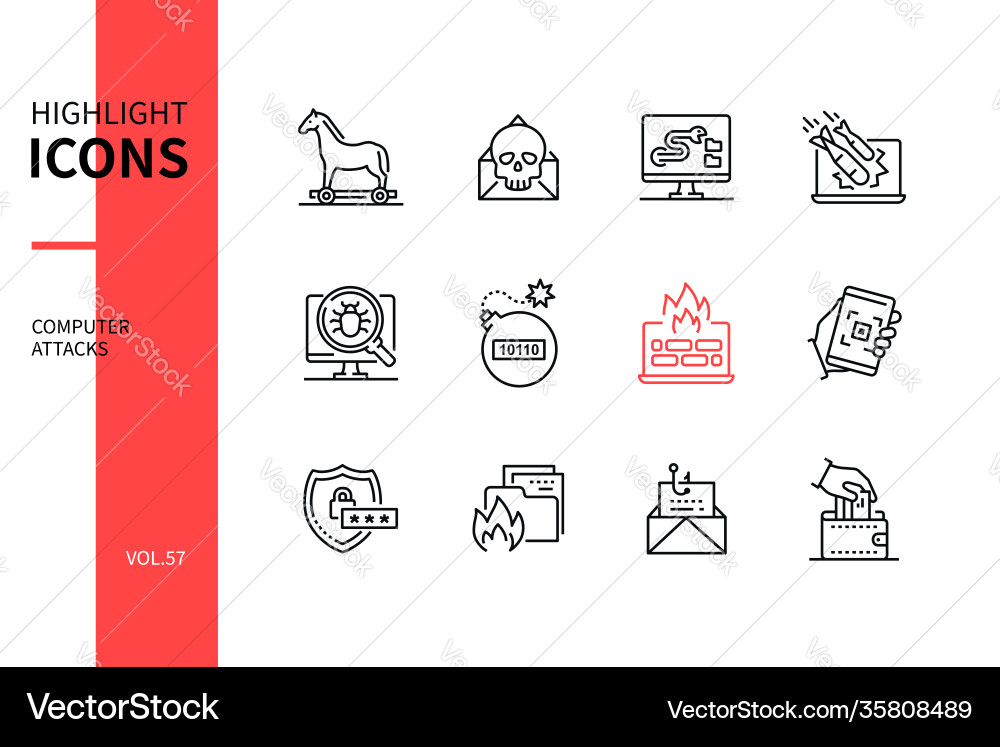 Computer attacks - line design style icons set Vector Image