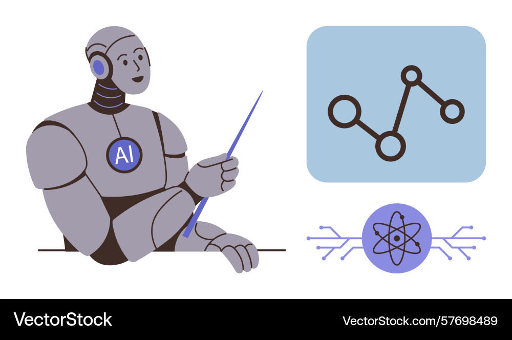 Robot with ai badge presenting data connections vector image