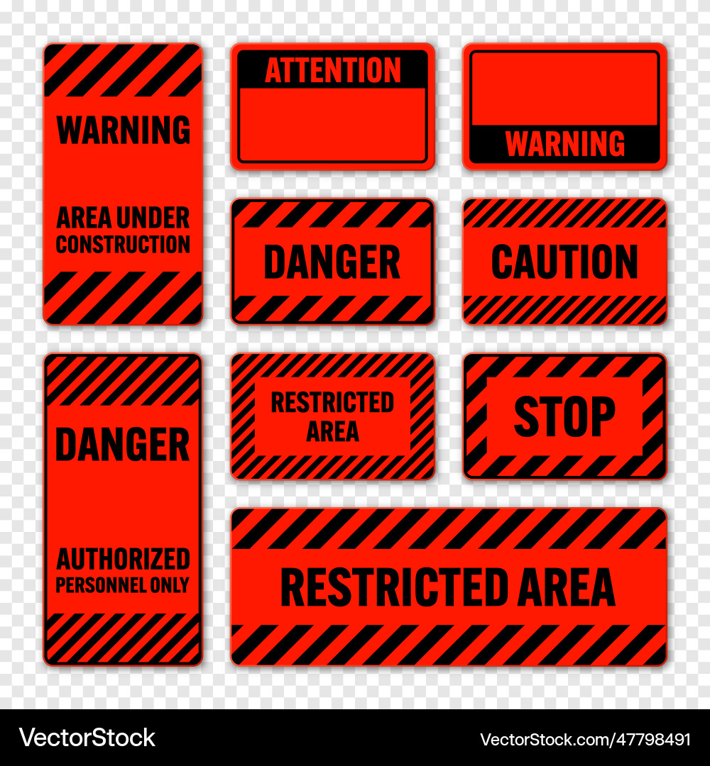 Various black and red warning signs with diagonal vector image