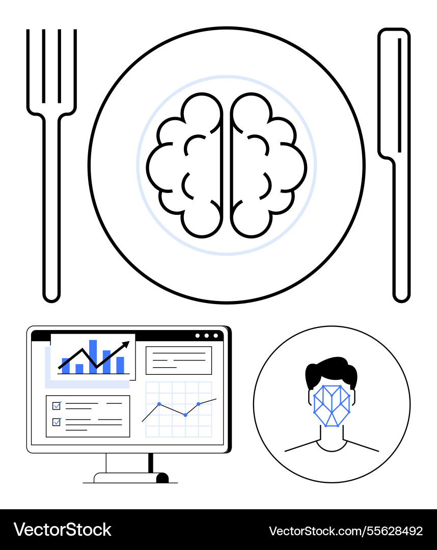 Brain on plate with fork and knife analytics Brain on plate with fork and knife analytics vector image