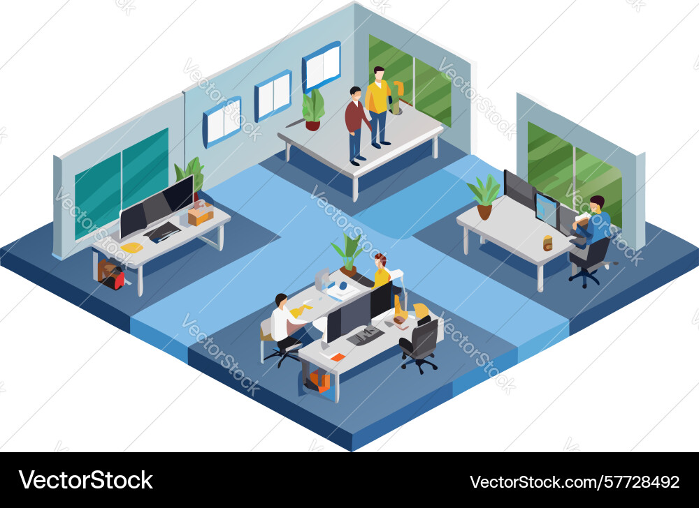 Isometric open-plan office with desks computers vector image
