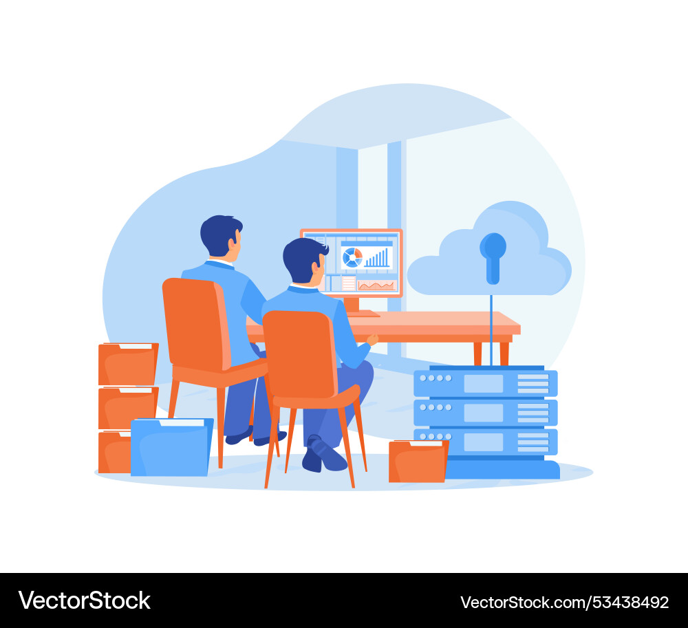 Office staff analyzes data on computers storing vector image