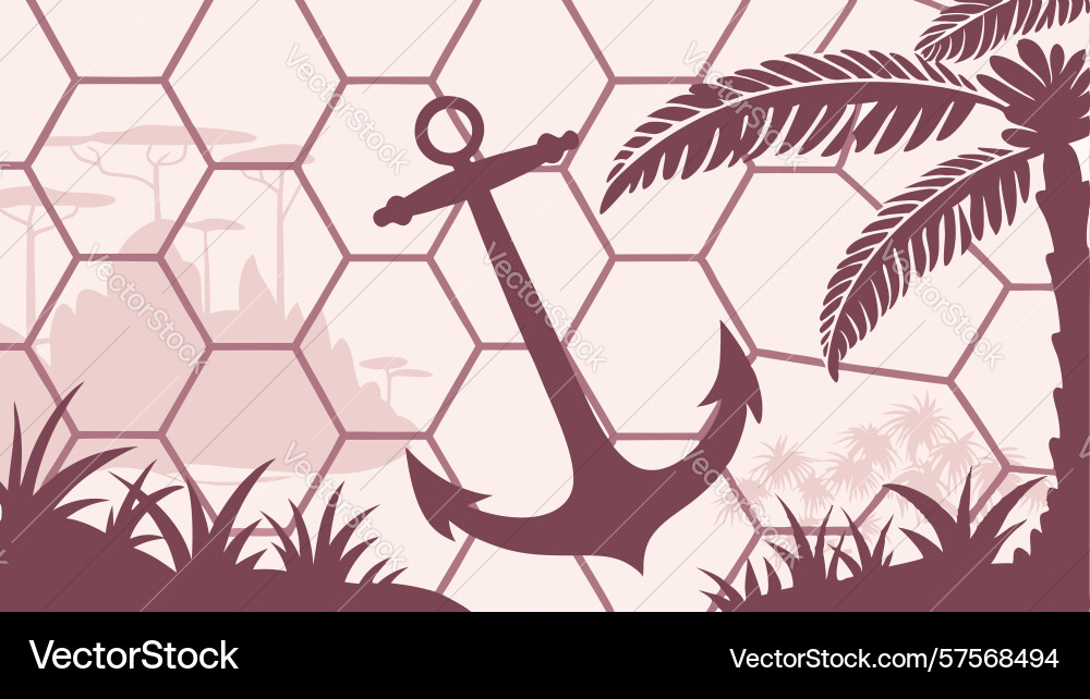 Anchors in hexagonal grid with palm trees vector image