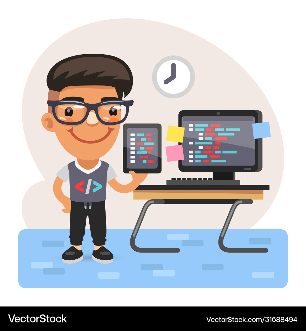 Cartoon coder young man Cartoon coder young man vector image