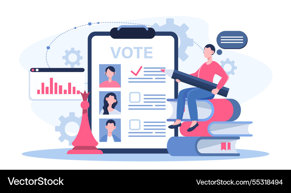 Man votes online young guy with pencil sits Man votes online young guy with pencil sits vector image
