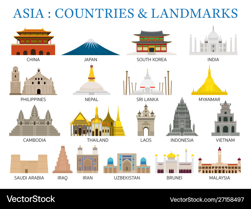 Asia countries landmarks in flat style vector image