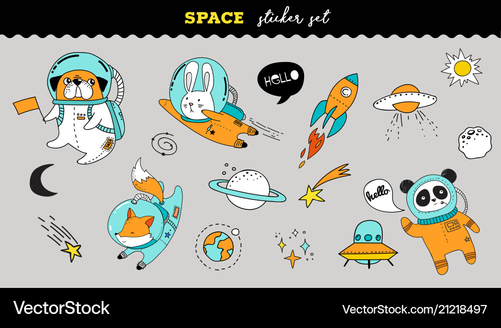 Cute Space Animal Stickers Vector Image